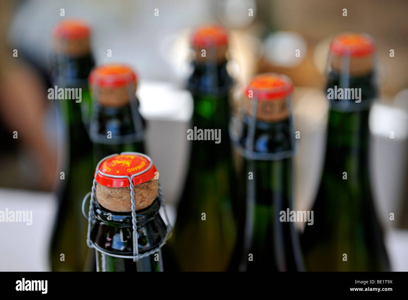 Wired, corked sparkling drinks bottle tops Stock Photo