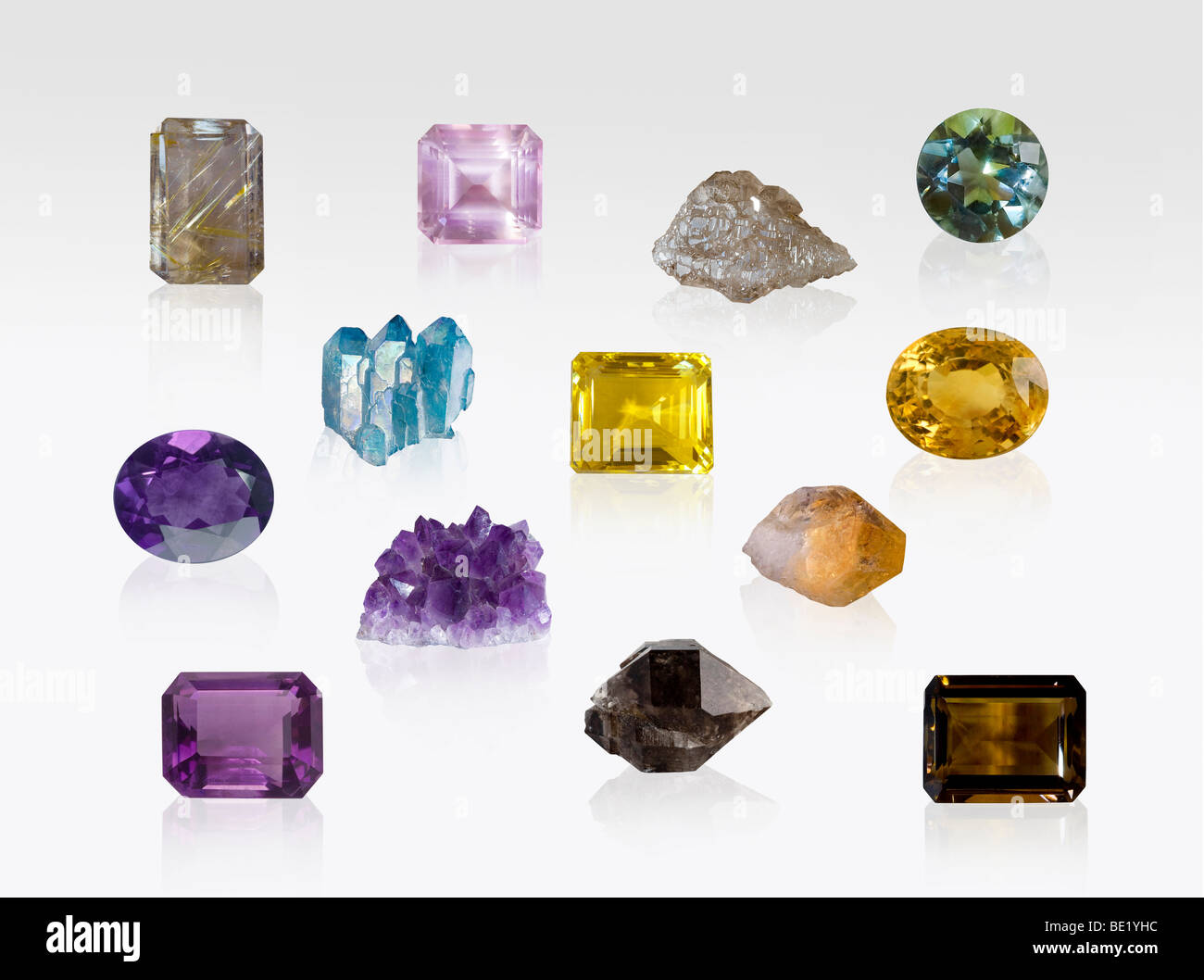 Quartz gem and crystal specimens on white background Stock Photo