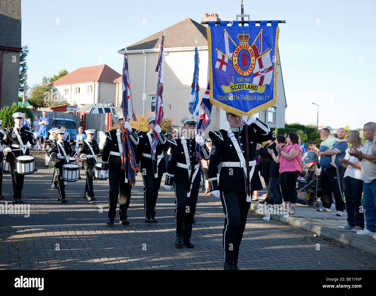 Cambuslang Volunteers Flute Band, a Loyallist/Orange Marching Band on parade in Kilwinning, Ayrshire, Scotland Stock Photo