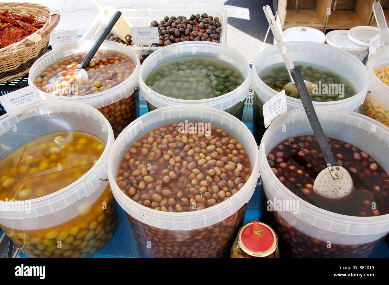 Olive selection, Saturday Market, Ostuni, Brindisi Province, Puglia Region, Italy Stock Photo