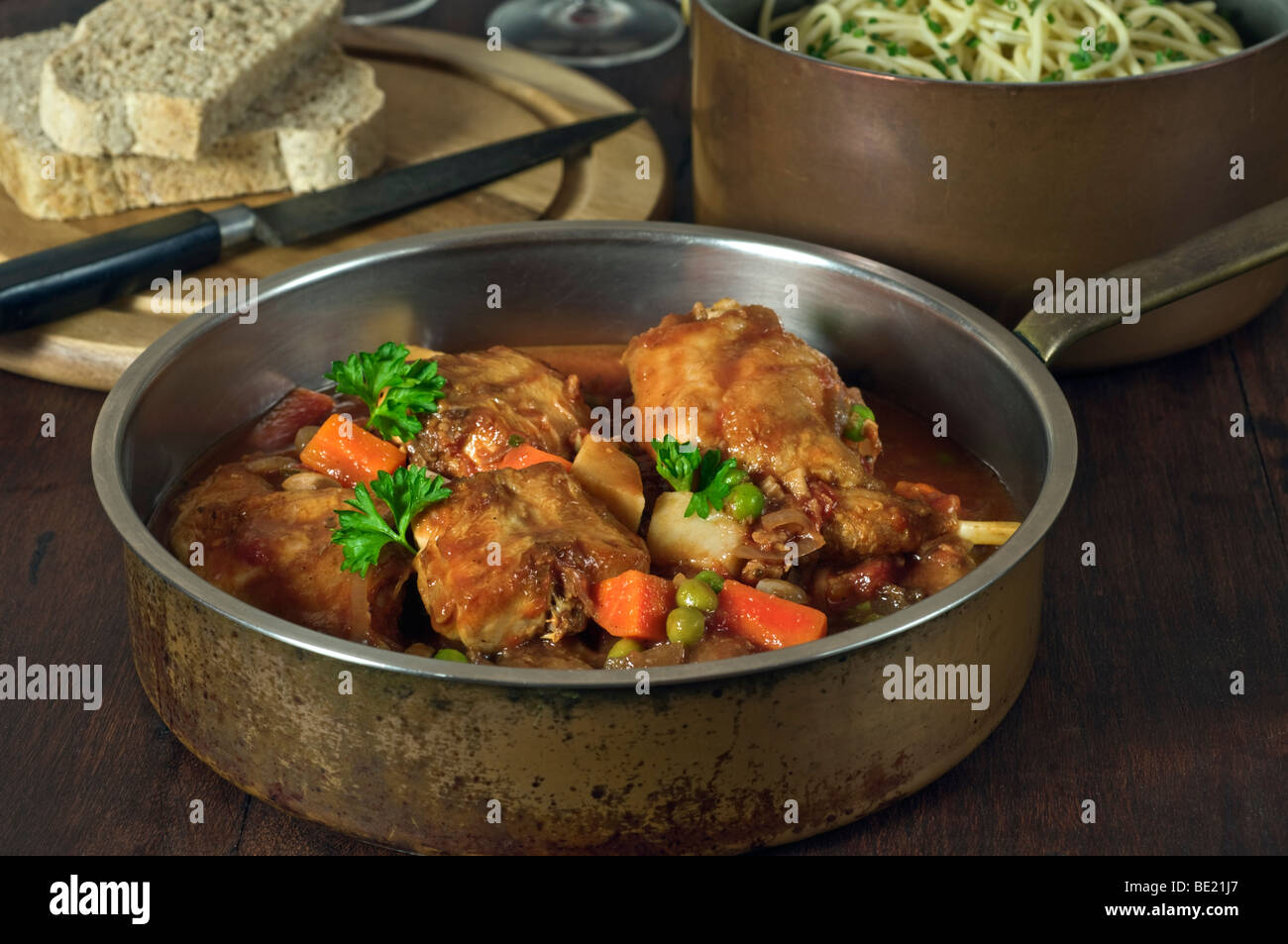 Maltese rabbit stew and spaghetti Malta Food Stock Photo