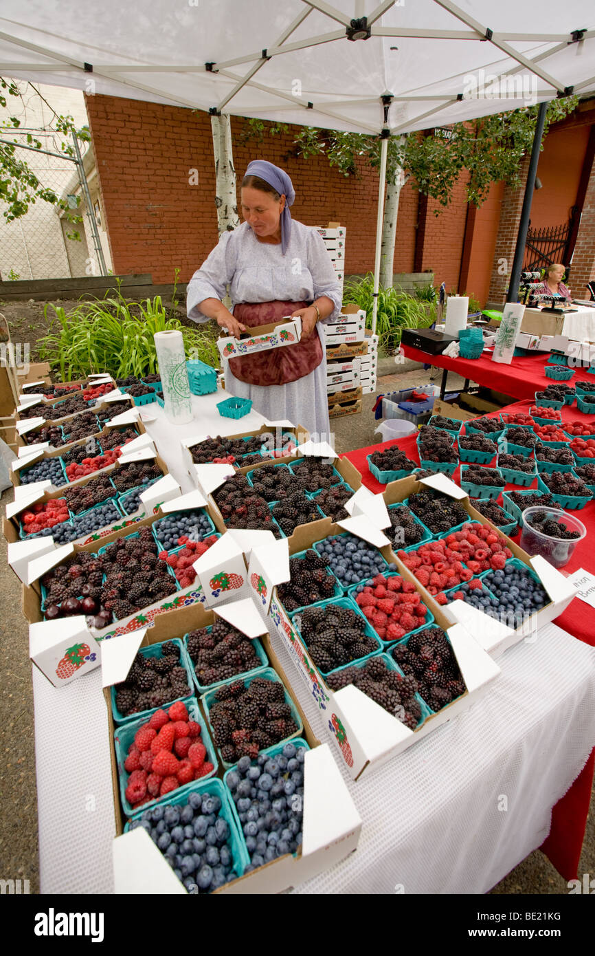 Woman selling berries at a farmers market in La Grande Oregon Stock