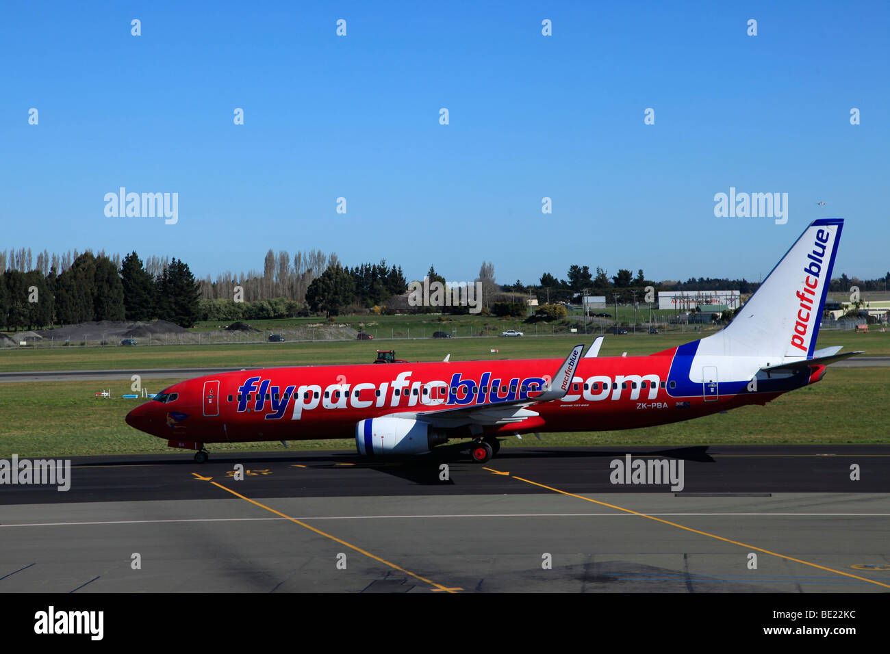 Pacific Blue Airlines Boeing 737-800 jet taxing at Christchurch Airport, Canterbury,South Island,New Zealand Stock Photo