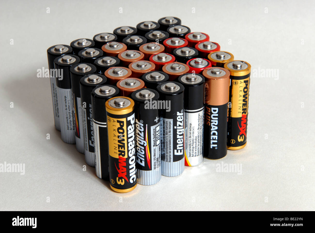 go green and either recycle batteries or use rechargable ones. generic  battery images with a green message Stock Photo - Alamy
