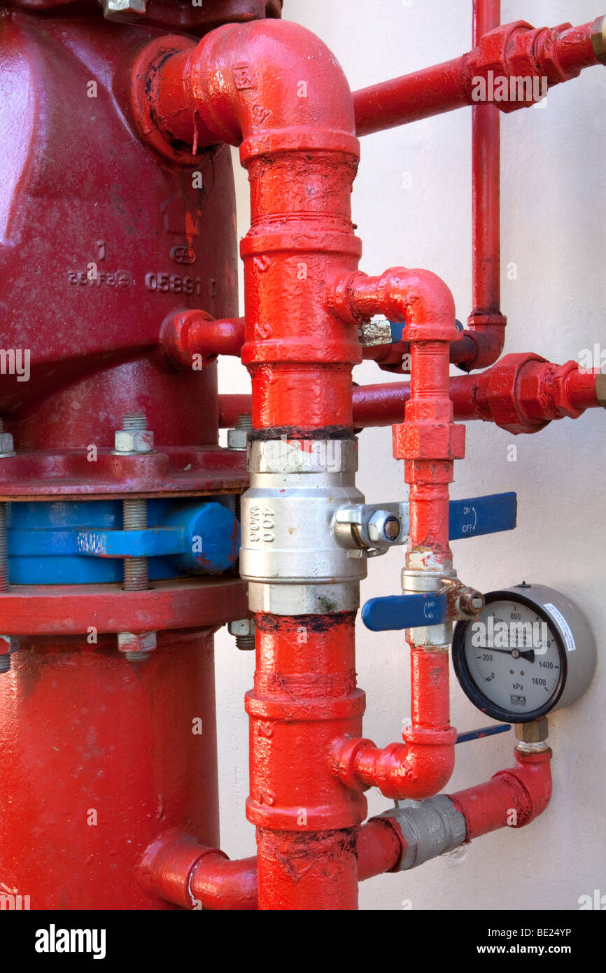 Closeup section of valve control for fire sprinkler system Stock Photo