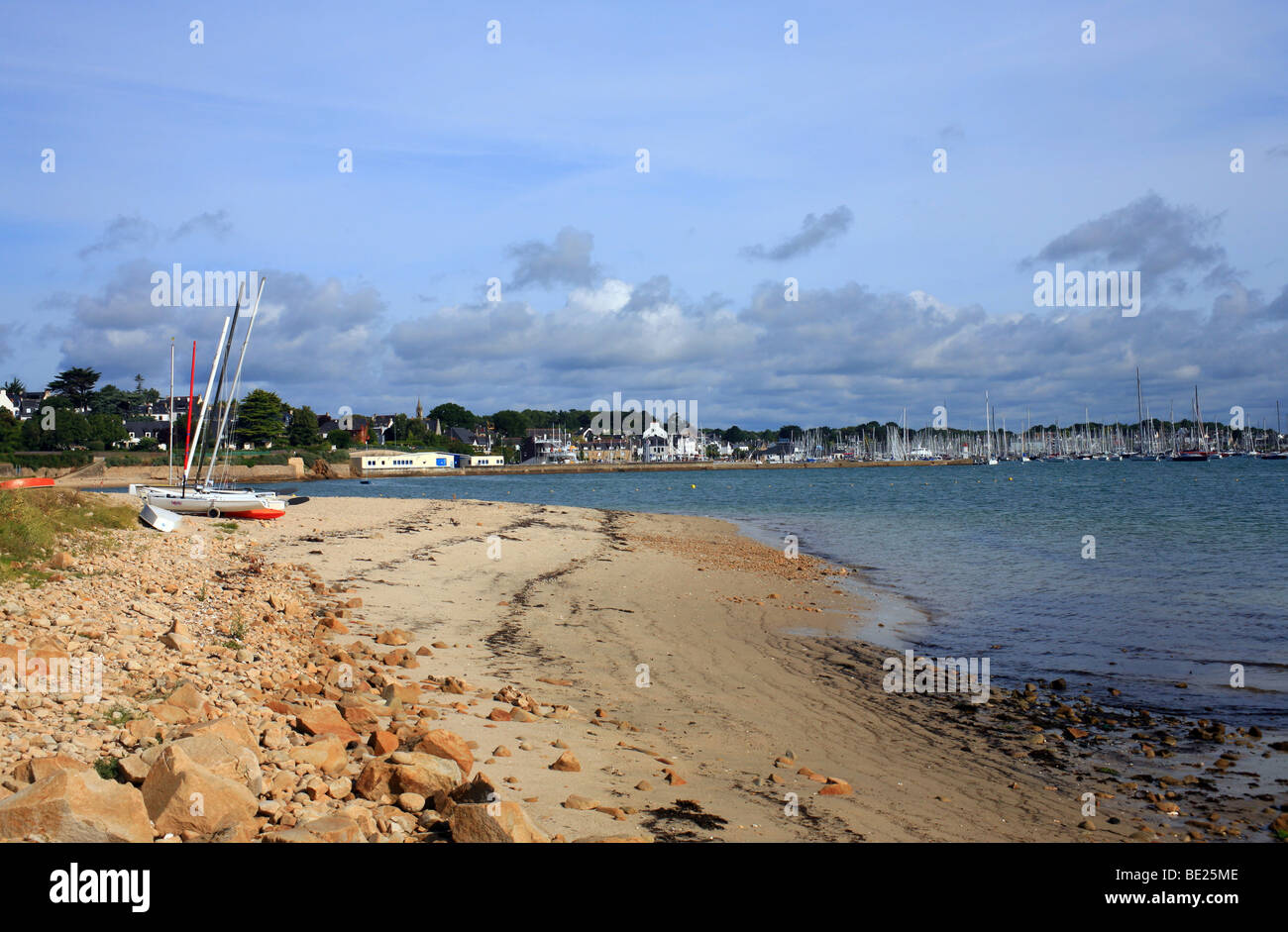 View of port and La Trinite Sur Mer from Plage du Port, La Trinite Sur