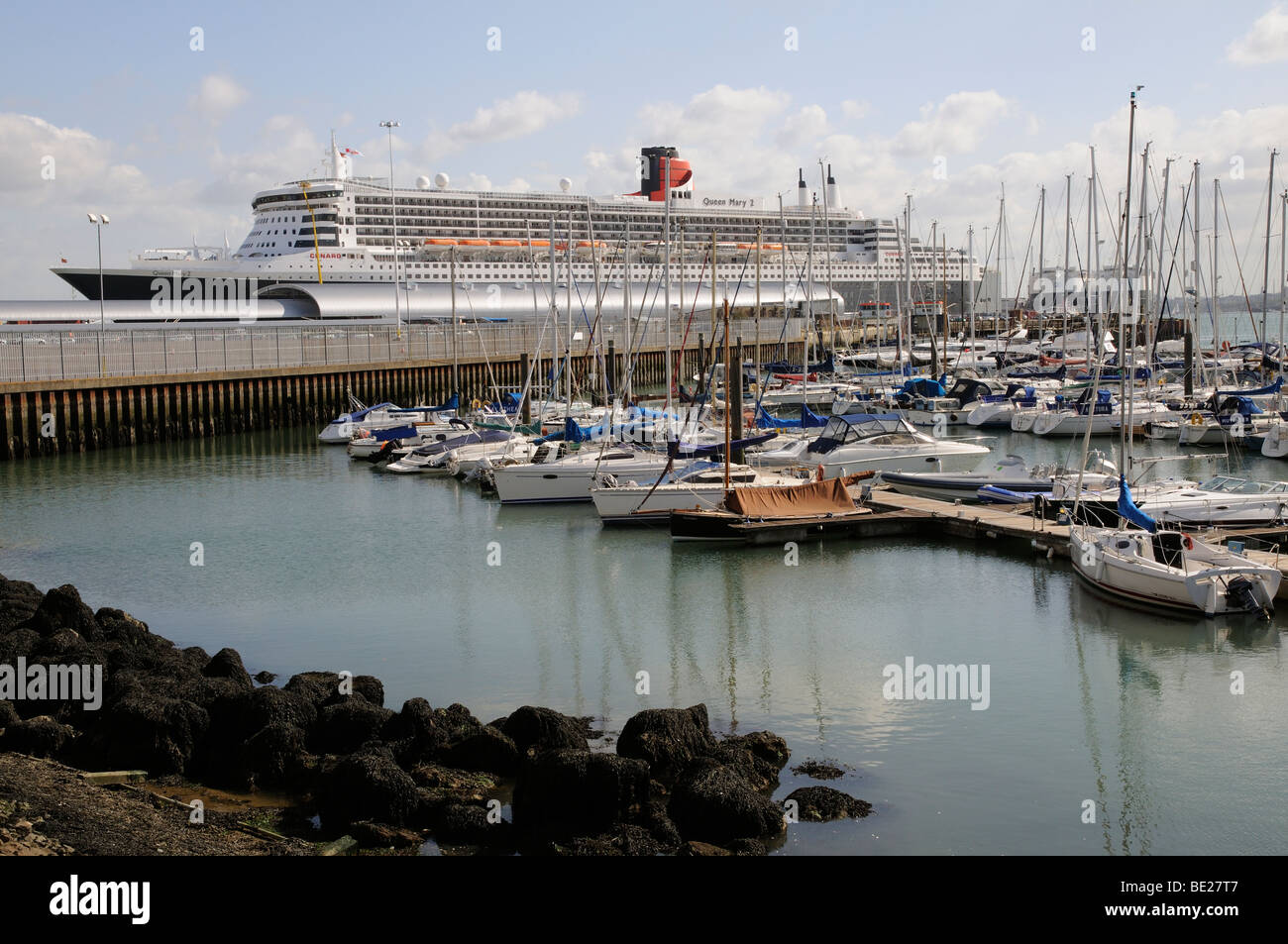 Queen Mary 2 on the new Ocean Terminal Southampton seen from Town Quay  close to the city centre Southampton England UK Stock Photo