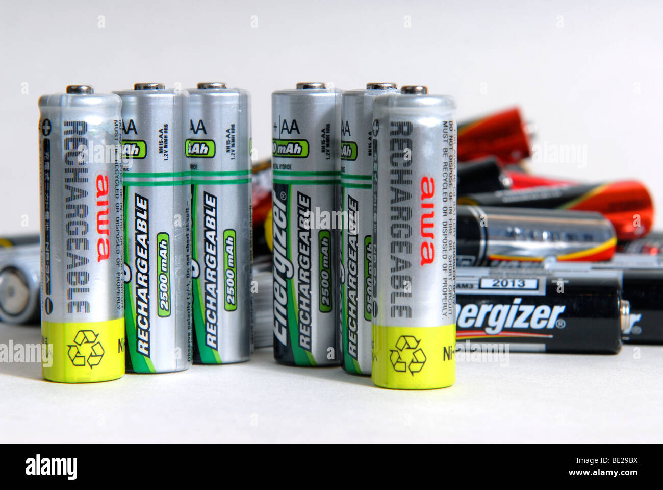 go green and either recycle batteries or use rechargable ones. generic  battery images with a green message Stock Photo - Alamy