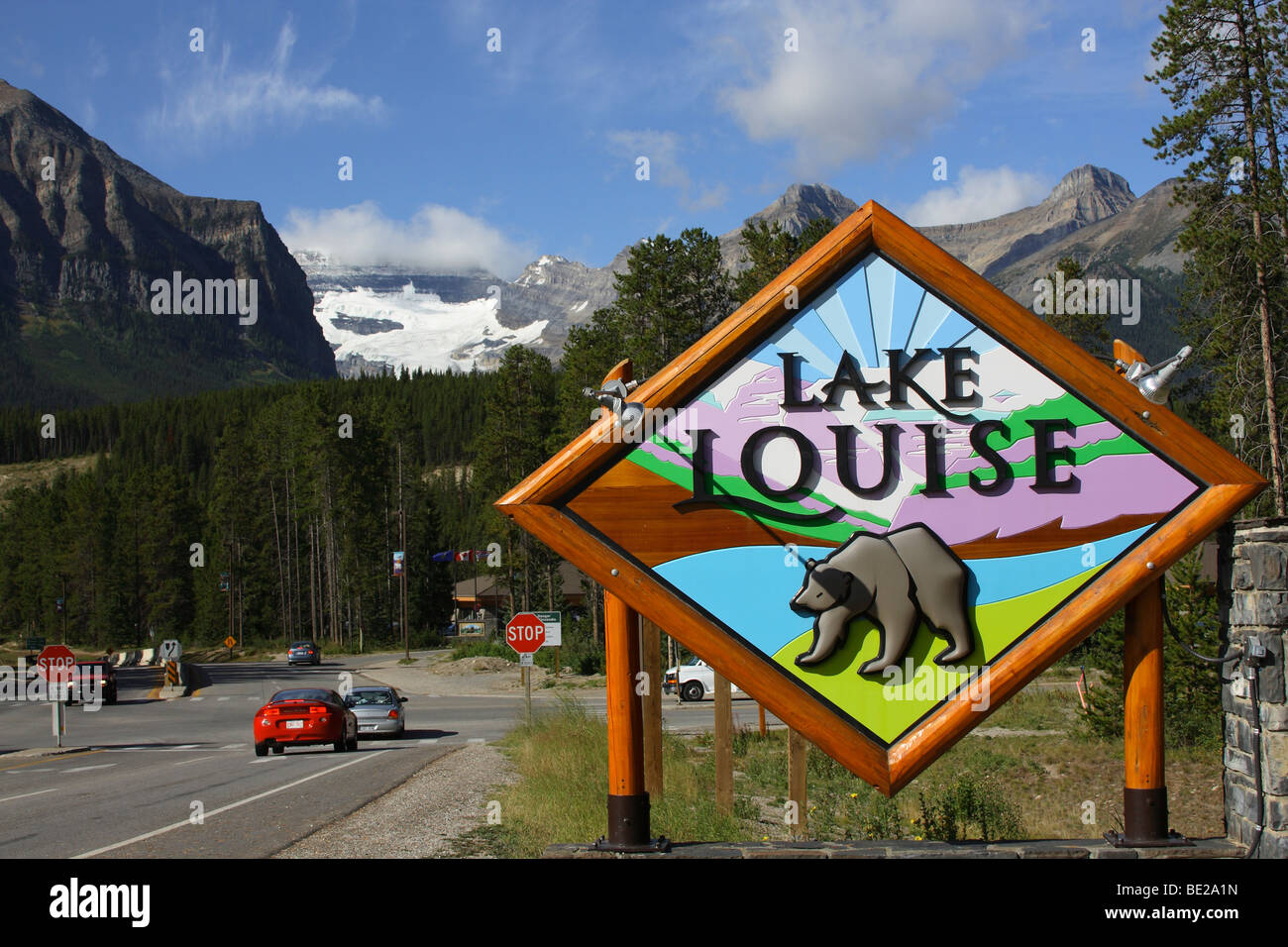 the sign entering lake Louise village Canada Alberta Stock Photo
