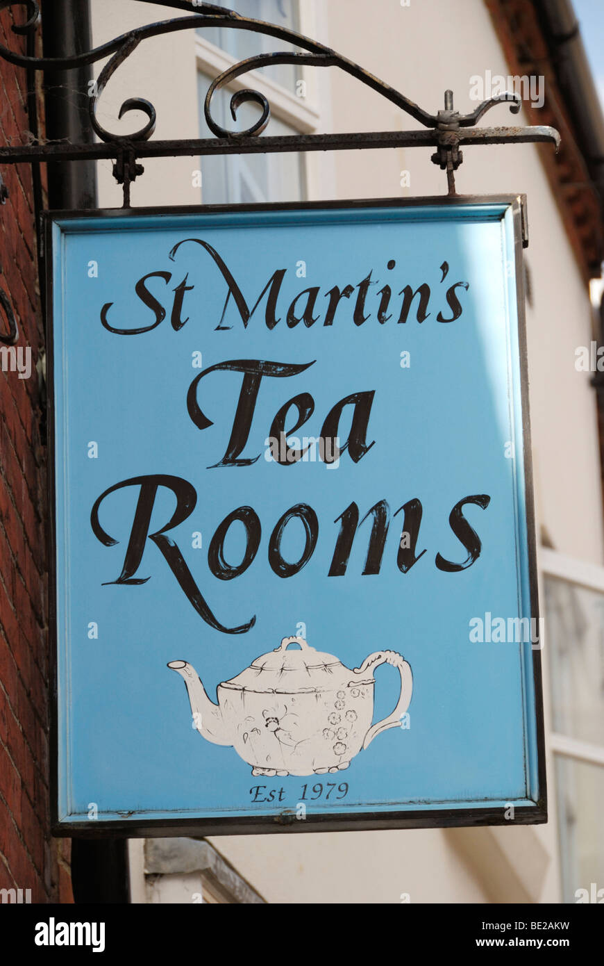 St Martin's Tea Rooms sign in St Martin's Street, Chichester, Sussex, England Stock Photo