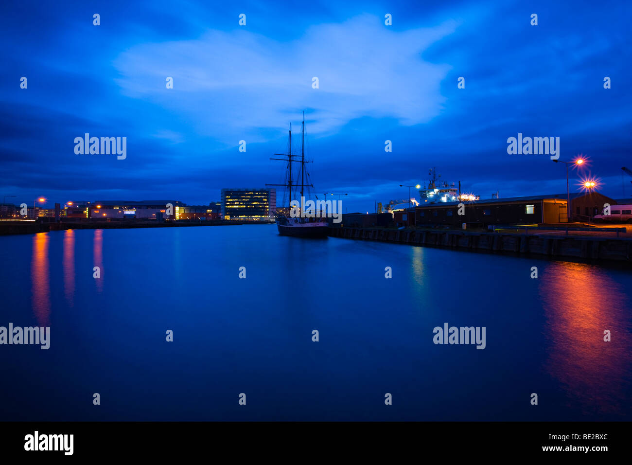 Scotland, Edinburgh, Leith. Boat moored at Leith Harbour with the Ocean