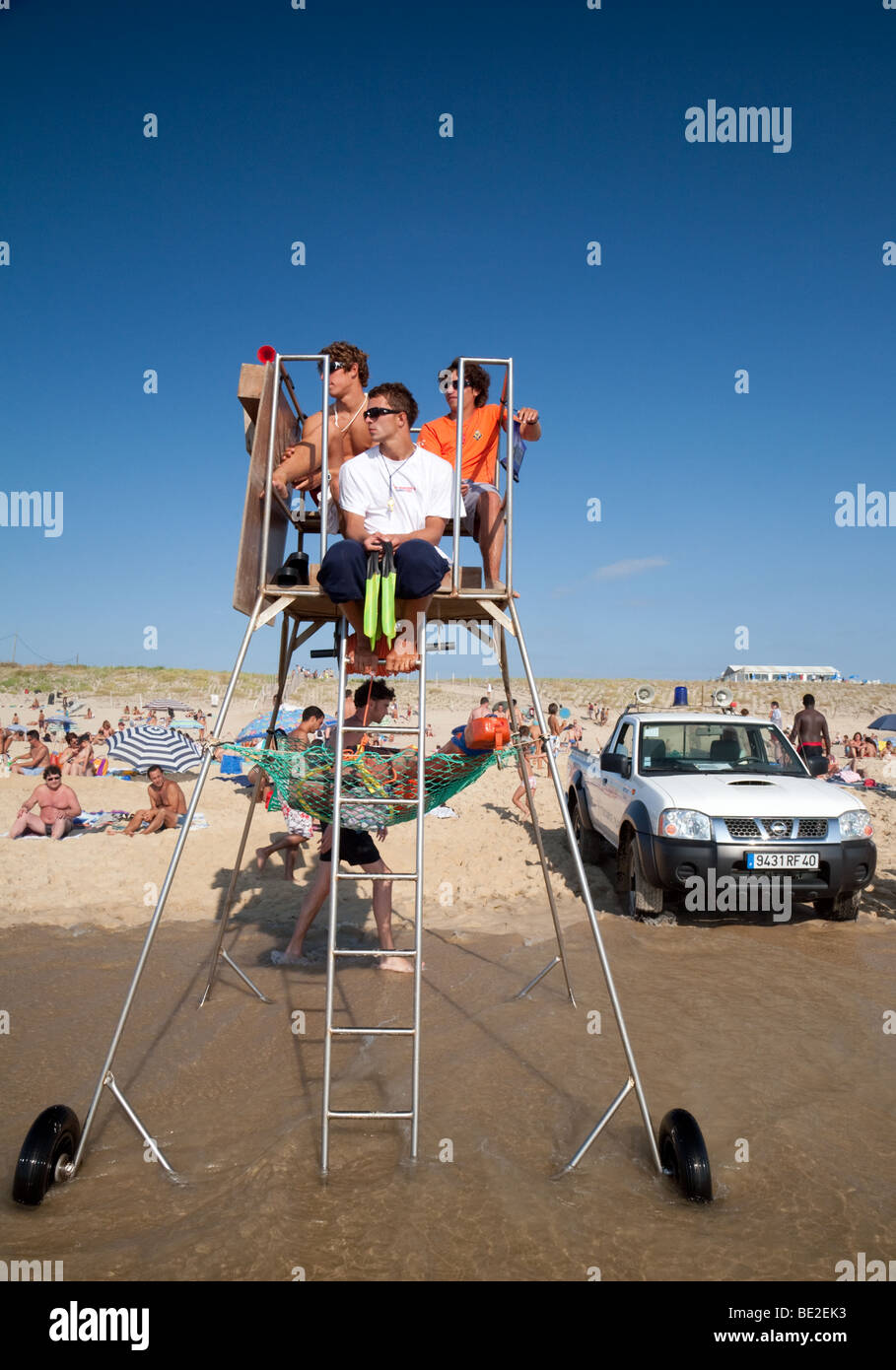 French lifeguards on duty on the beach at Biscarrosse, Aquitaine, France Stock Photo