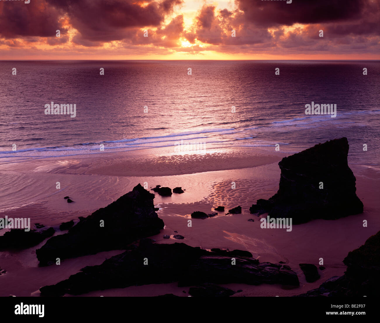 Sunset at Bedruthan Steps on the North Cornwall Coast near Newquay