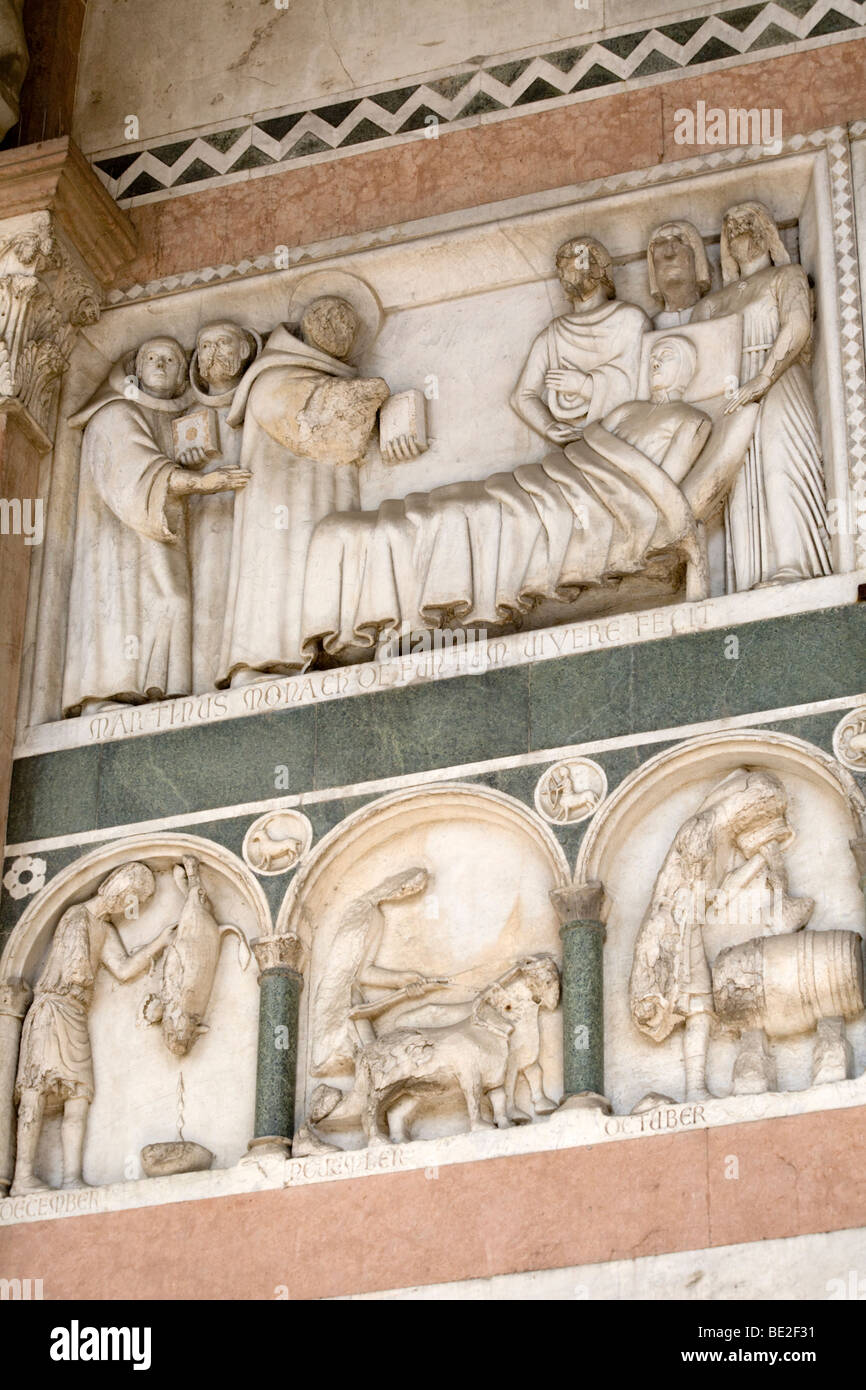 Sculpture on the facade of the Cathedral di San Martino, Lucca, Tuscany, Italy Stock Photo