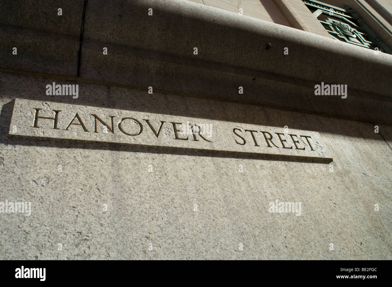 Street sign for Hanover Street in the Financial District in Lower Manahttan in New York Stock Photo