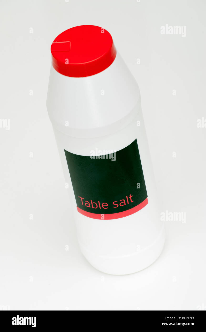 White plastic container of 'table Salt' Stock Photo