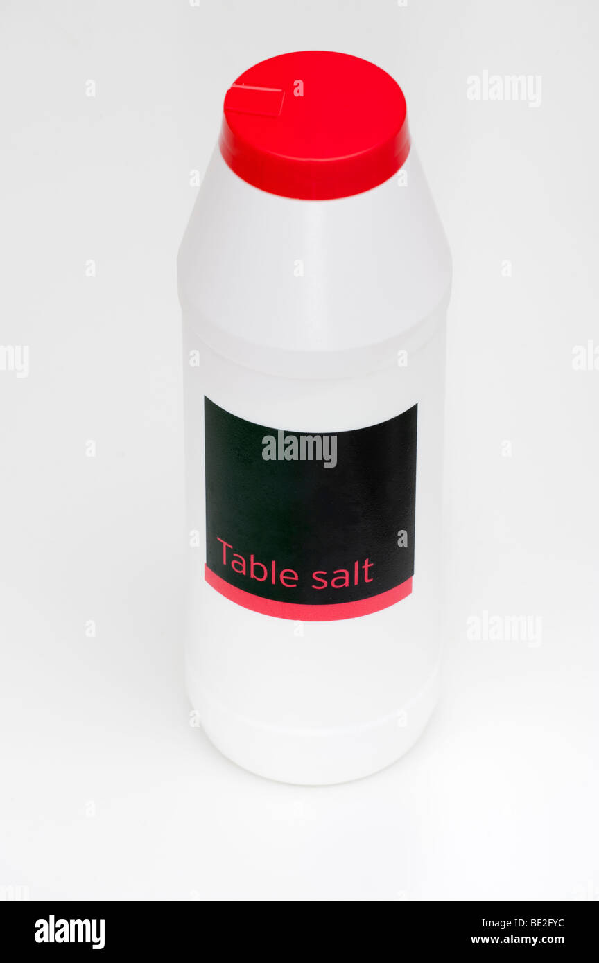 White plastic container of 'table salt' Stock Photo