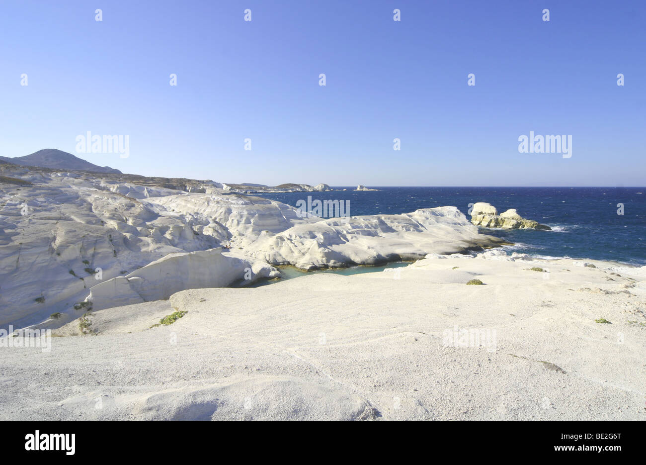 Sarakiniko an area on the Greek island of Milos with strange rock formations in stark white. Stock Photo