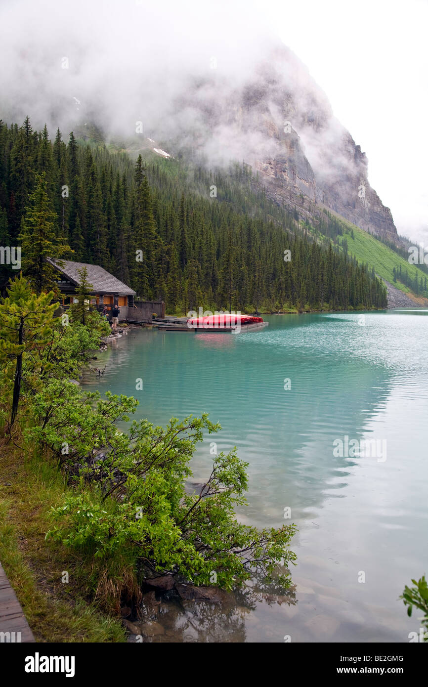 A misty rainy day at Lake Louise in Banff National Park in Alberta,Canada,North America Stock