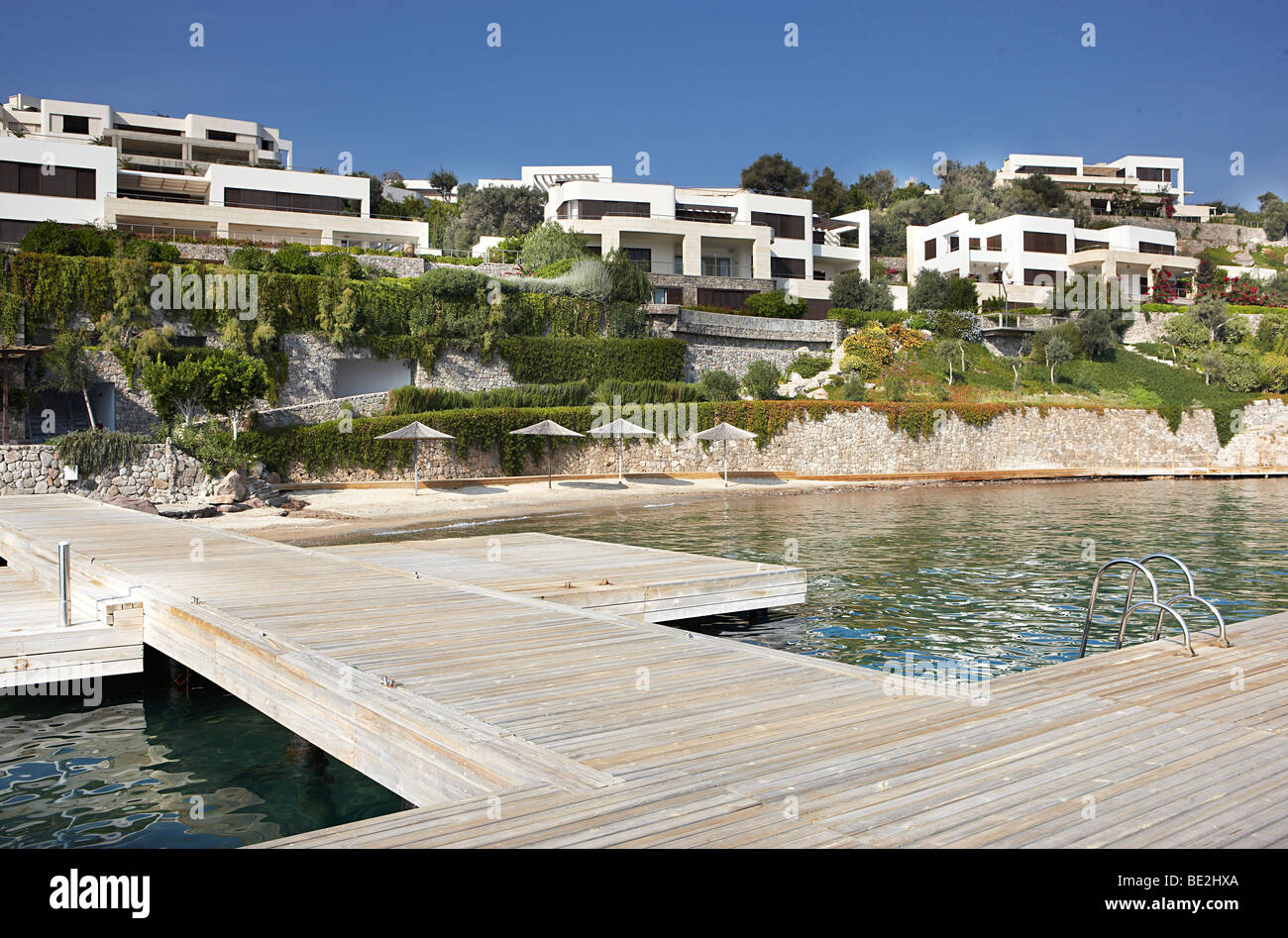 Pontoon decking jetty mooring Aegean villa luxury resort Stock Photo
