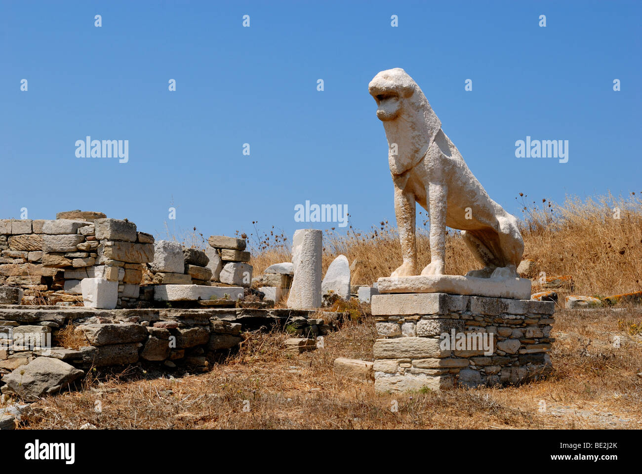 One Lion of the famous Terrace of the Lions. These marble lions were offerings from the people of Naxos, 7th century BC. These.. Stock Photo