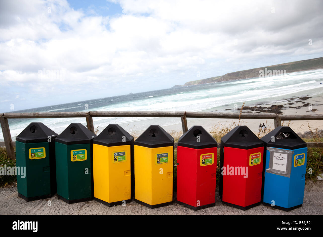 Refuse bins at Sennen Cove, Cornwall, England. Stock Photo