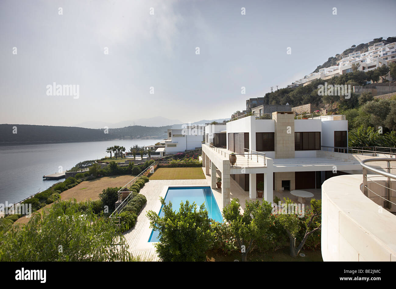 Aegean luxury resort villa view pool sunshine Stock Photo