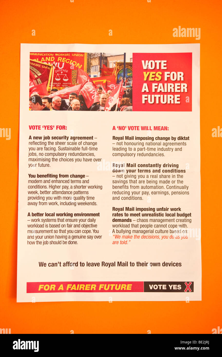 The official cwu leaflet sent to Royal Mail employees before the September 2009 national ballot asking for a yes vote Stock Photo