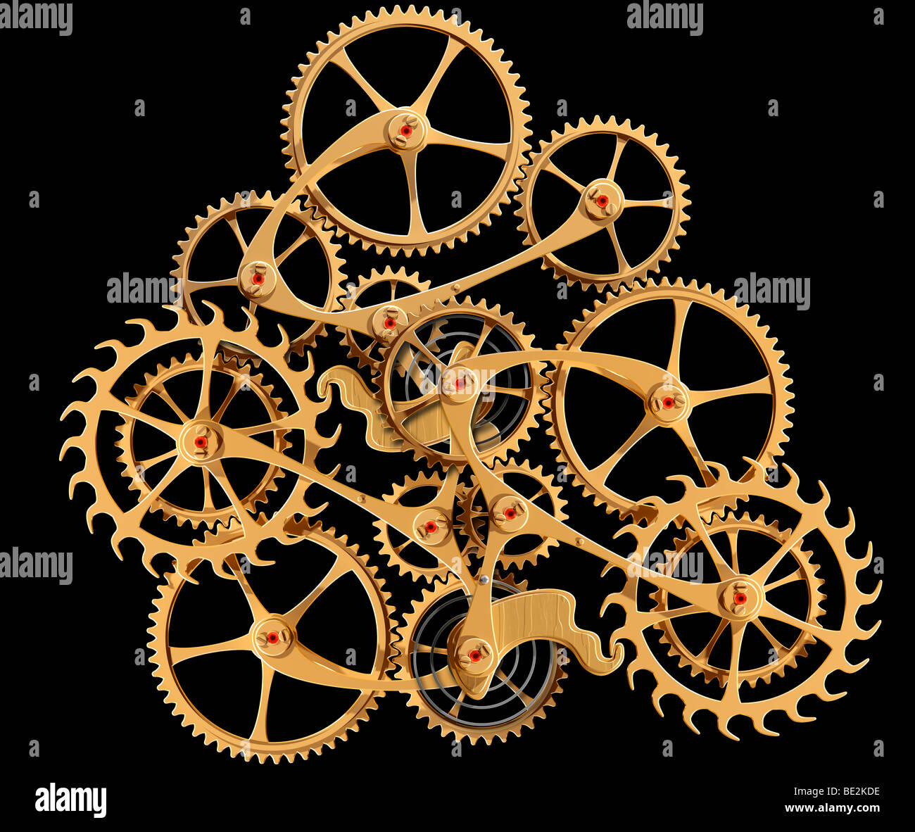 Illustration of precision engineered cogs and gears isolated on black Stock Photo