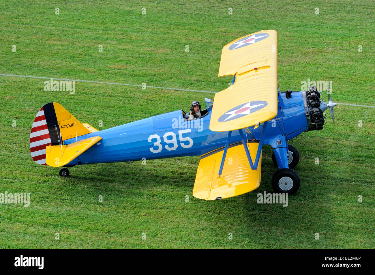 Biplane Boeing Stearman PT-17, Europe's largest meeting of vintage planes at Hahnweide, Kirchheim-Teck, Baden-Wuerttemberg, Ger Stock Photo