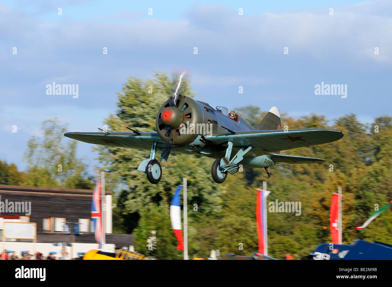 Soviet fighter aircraft Polikarpov I-16 Rata immediately after take-off, Europe's largest meeting of vintage planes at Hahnweid Stock Photo