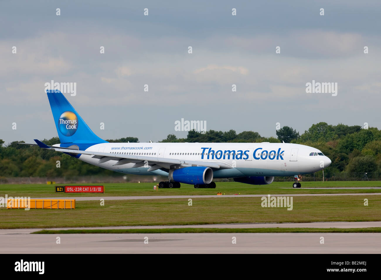 Thomas Cook aircraft preparing for take off from Manchester Airport (Ringway Airport) Stock Photo