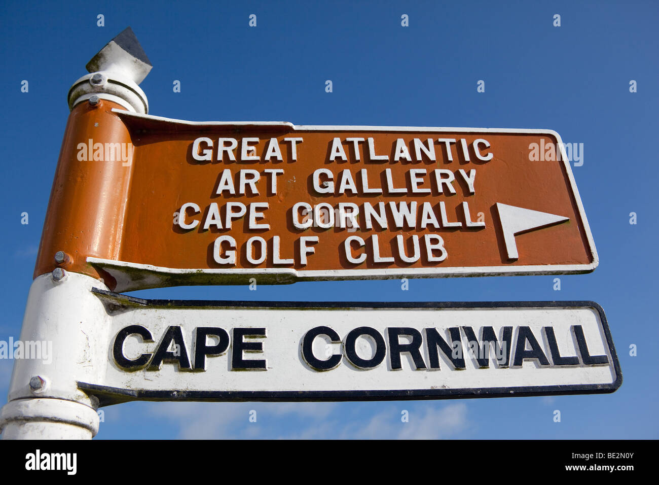 Sign,Cape Cornwall, Great Atlantic Art Gallery, Golf Club, St Just in Penwith, Cornwall, England. Stock Photo