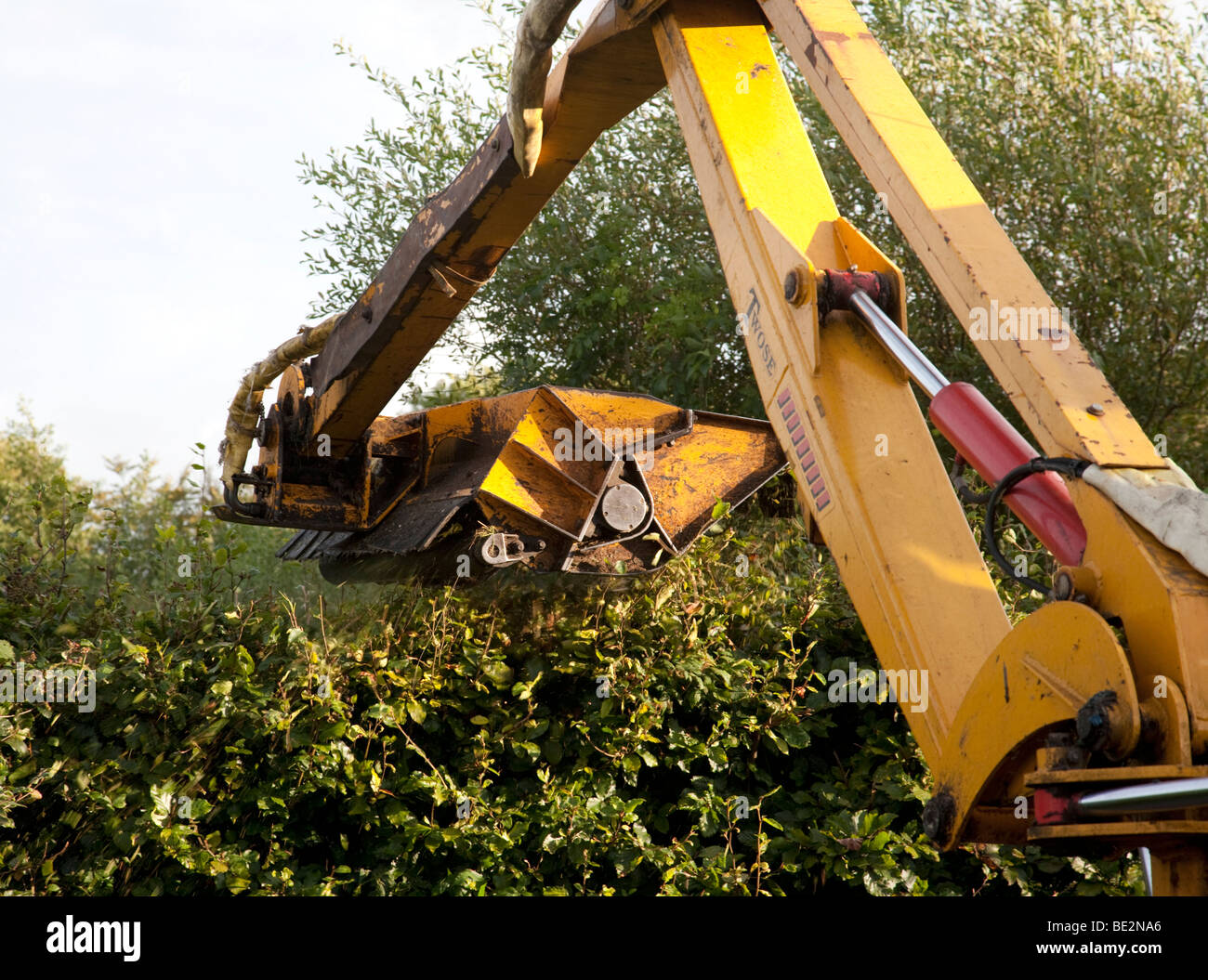 Hedge cutting with large machinery Ireland Stock Photo