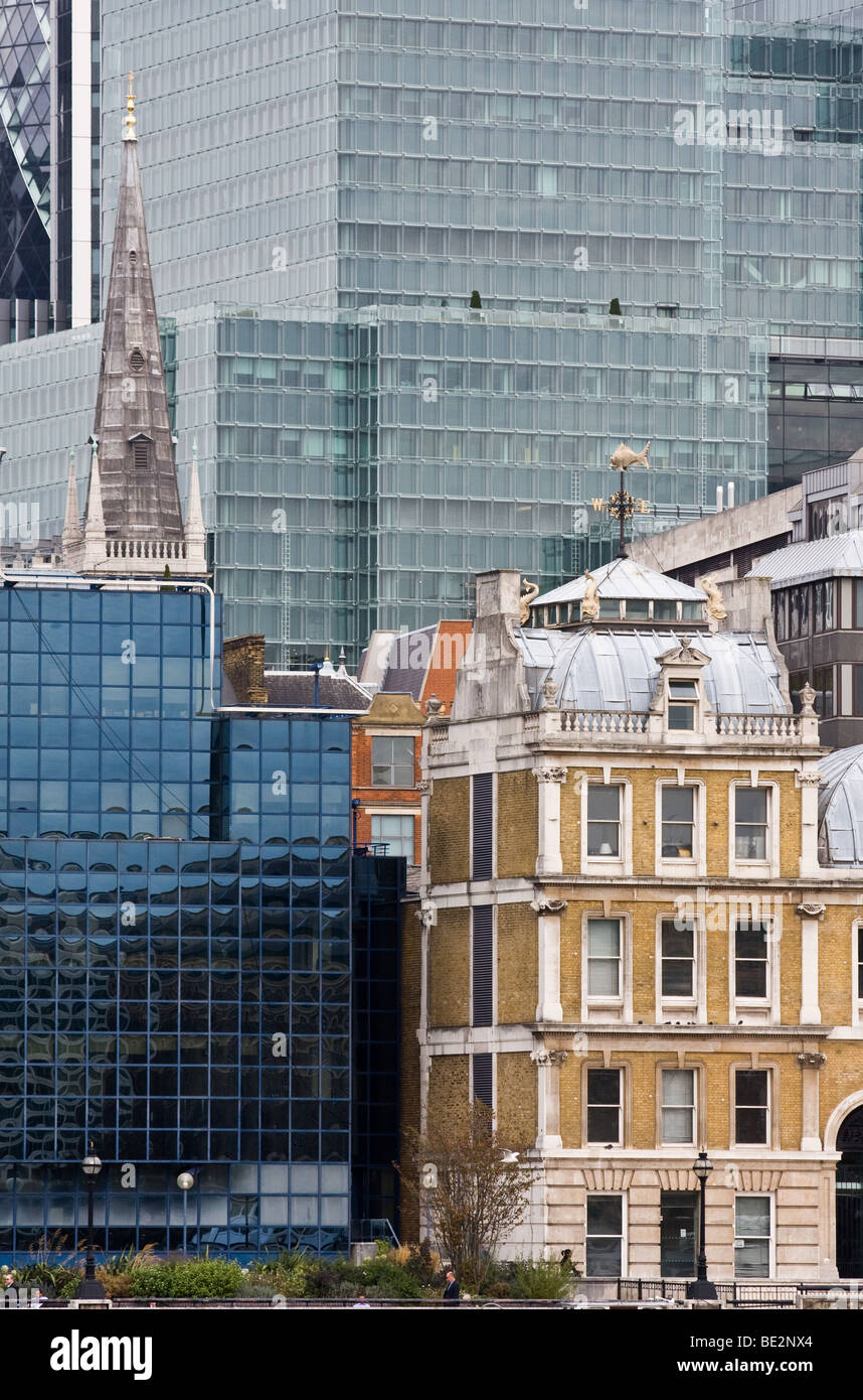 A view of old and new buildings in the City of London from the South Bank Stock Photo