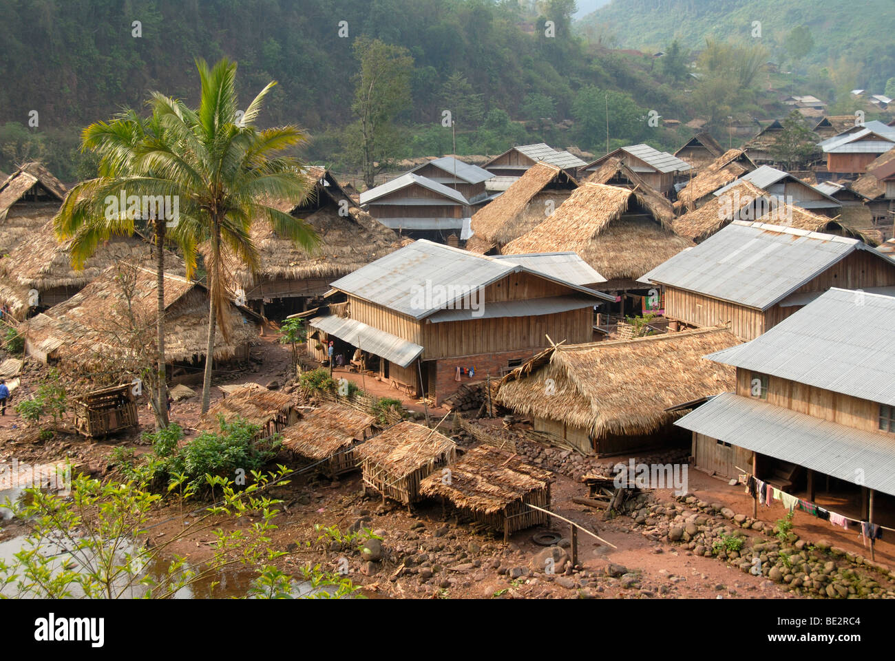 Overlooking the village of the Tai Lue ethnic group on the Lue river, roofs made of straw and