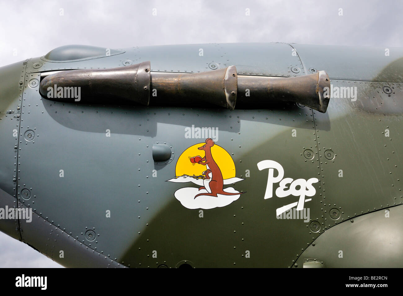 Nose art, exhaust pipe of a British Hawker Hurricane fighter aircraft, Europe's largest meeting of vintage planes at Hahnweide, Stock Photo