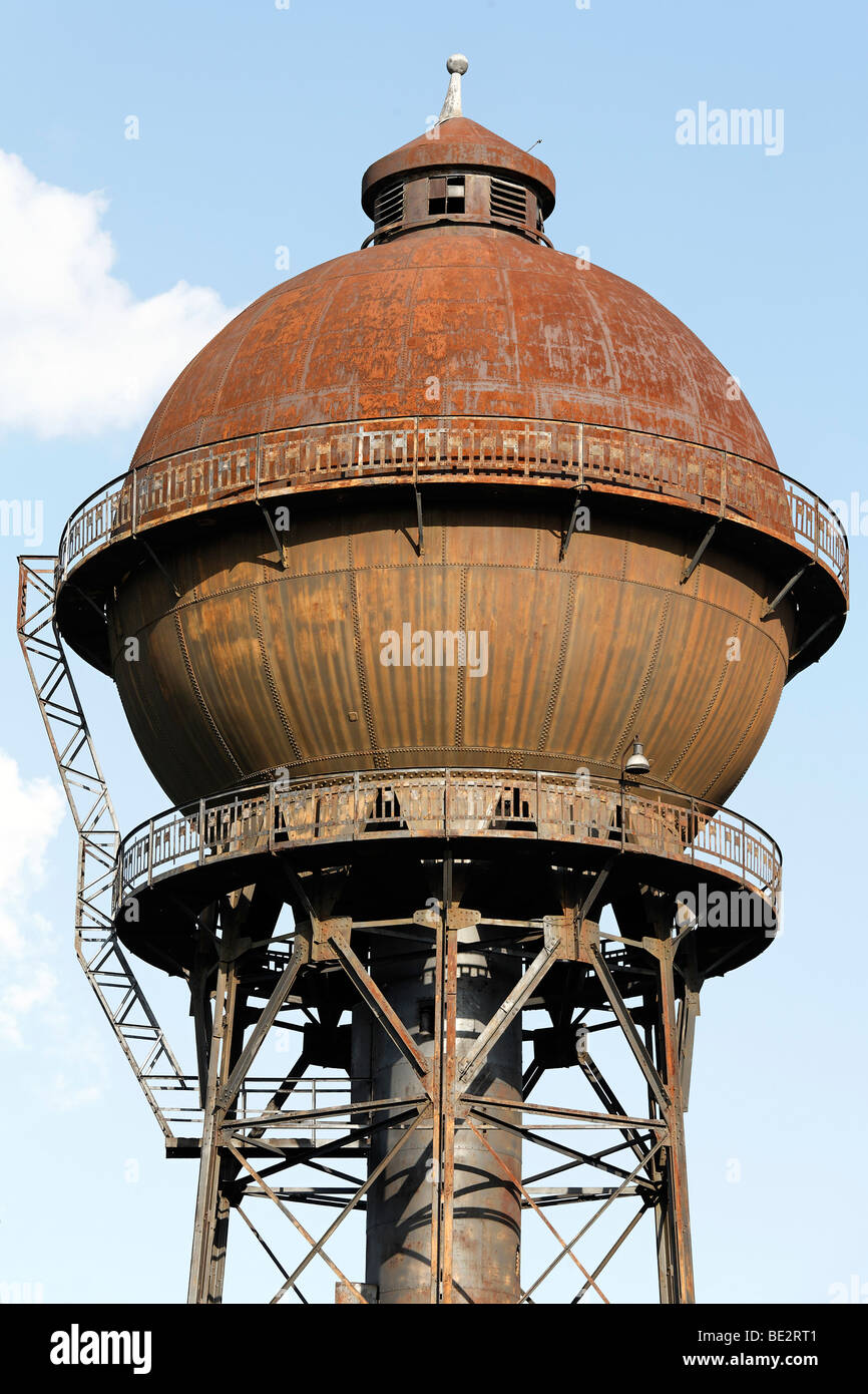 Historic Water Tower South, spherical water tank on a rusty steel frame, abandoned shunting yard, Duisburg-Wedau, Ruhr area, No Stock Photo