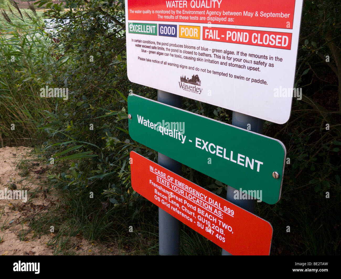 Water quality signs at Frensham Great Pond. Bacon Lane, Churt, Near Farnham, Surrey. UK. Stock Photo