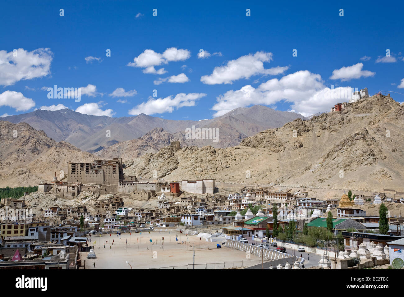 Leh view with Leh Palace (left) and Namgyal Tsemo Gompa at the top of the hill. Ladakh. India Stock Photo