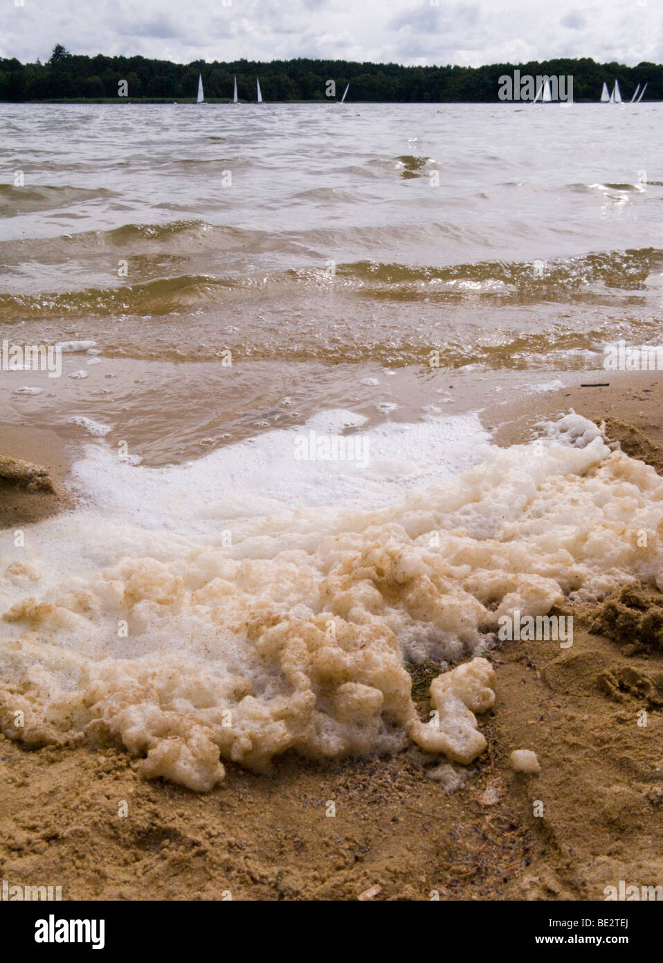 Froth and foam on the water at Frensham Great Pond. Churt, Near Farnham, Surrey. UK. Stock Photo