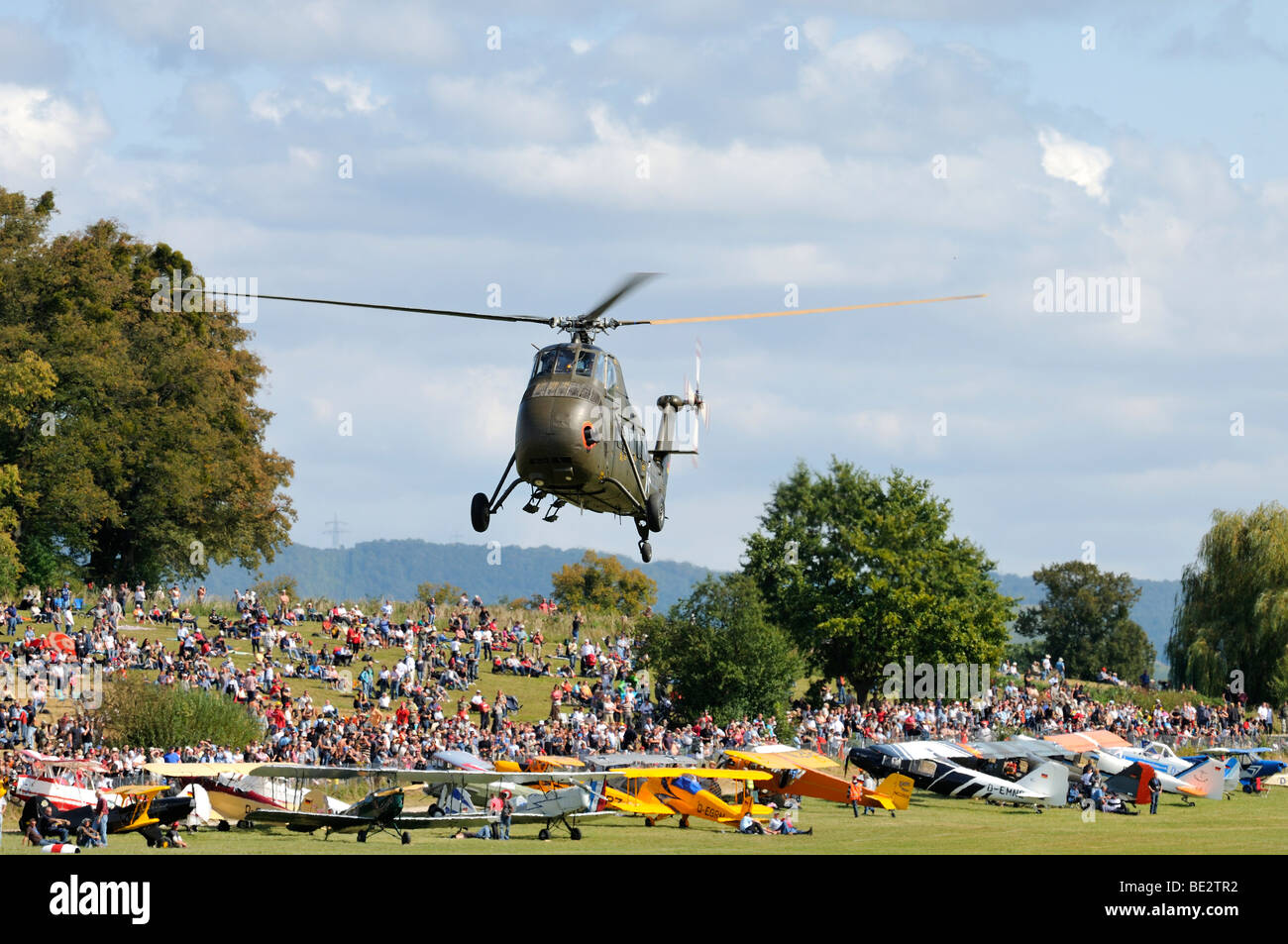 American transport helicopter Sikorsky S-58C during a flight demonstration, Europe's largest meeting of vintage planes at Hahnw Stock Photo