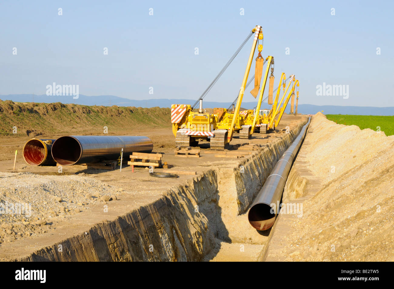 Laying a pipeline, Marchfeld, Lower Austria, Austria, Europe Stock Photo