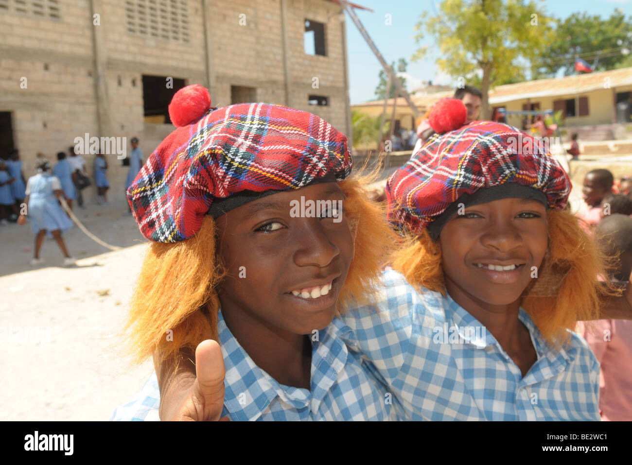 Children wearing Scottish' See you Jimmy' hats. Stock Photo