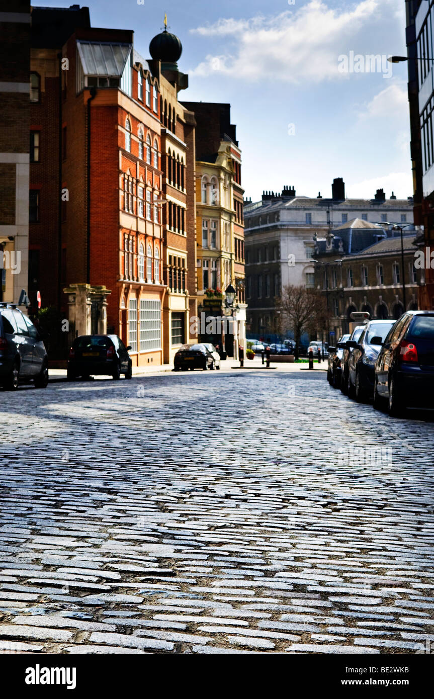 Cobblestone paved street in London on sunny day Stock Photo