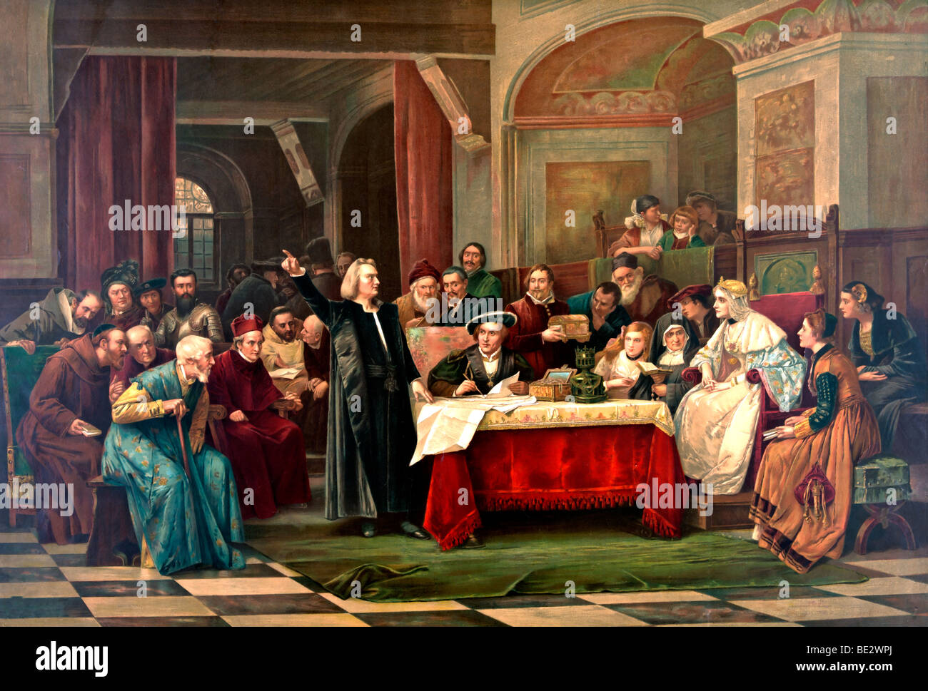 Christopher Columbus presenting his request to Queen Isabella I and Ferdinand V and a gathering of courtiers Stock Photo