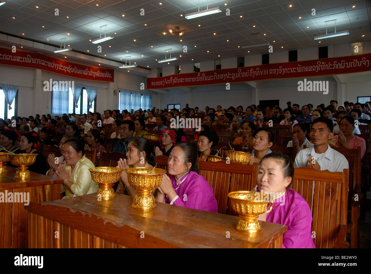 Assembly, many people in the Assembly Hall, Pi Mai, Lao New Year, city of Phongsali, Phongsali Province, Laos, Southeast Asia,  Stock Photo