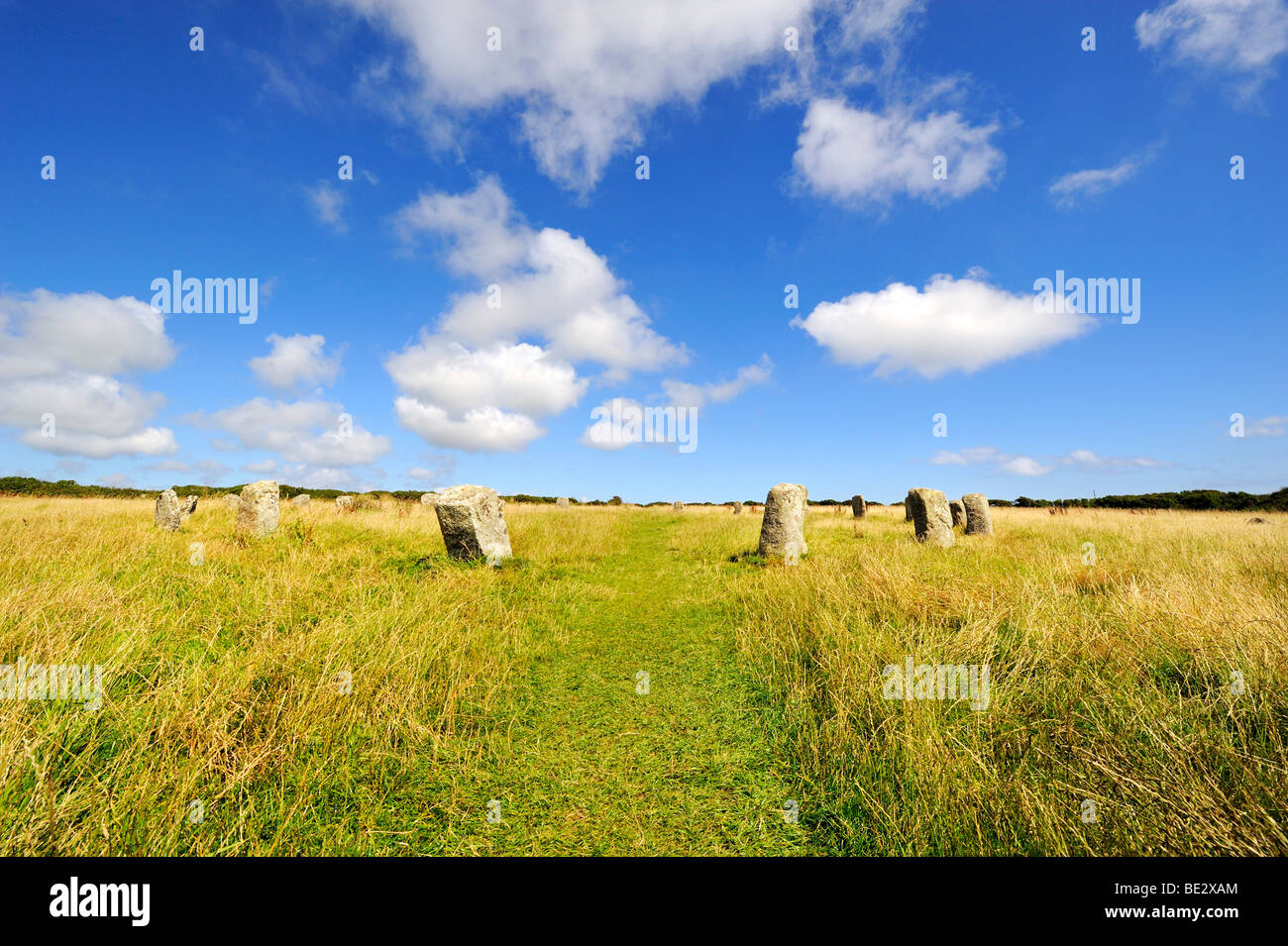 Merry Maidens, stone circle of 19 megaliths from the Bronze Age, in Penzance, Cornwall, England, UK, Europe Stock Photo