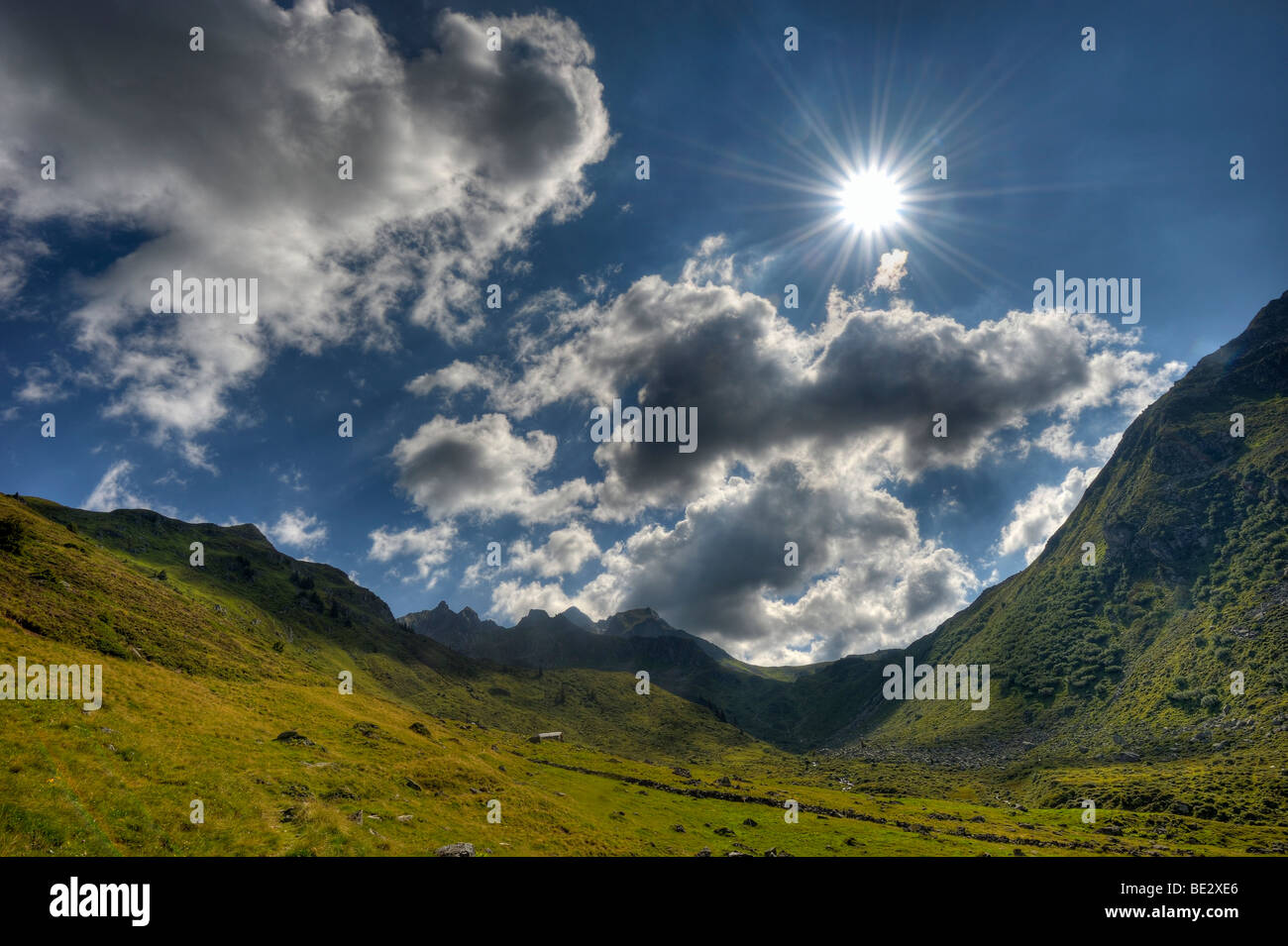 Sunny valley against the light, Gaschurn, Montafon, Vorarlberg, Austria, Europe Stock Photo