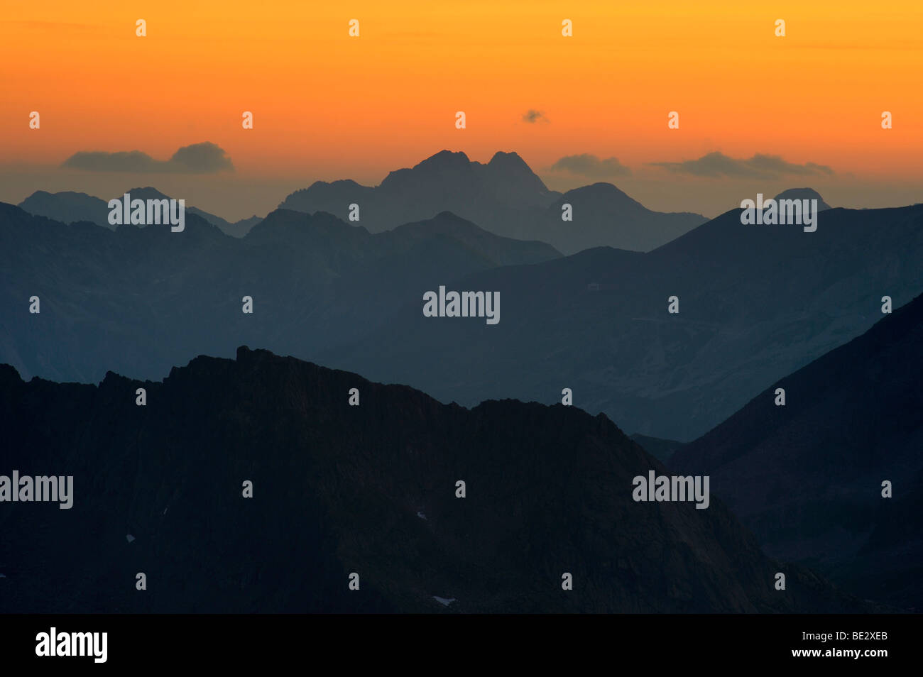 Sunrise with gradation of mountains, Gaschurn, Montafon, Vorarlberg, Austria, Europe Stock Photo